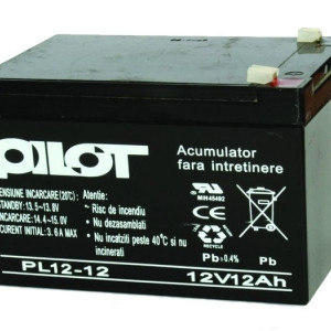 Acumulator plumb-acid Pilot PL12AH, tensiune 12V, capacitate 12Ah, borne tip T1, dimensiuni 151x98x95mm, greutate 3.43kg, ideal pentru sisteme de backup UPS, centrale de efractie, sisteme de incendiu si echipamente de securitate