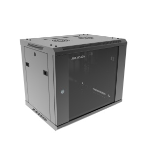 Cabinet rack Hikvision DS‑XS6409‑S/B 19″ , wall‑mounted, 600×450×500mm, capacitate incarcare 40 kg, usa frontala sticla 4 mm, SPCC otel, pentru echipamente server si retea
