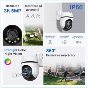 Camera supraveghere exterior TP-Link dome 5MP Tapo C530WS, 3K, Pan & Tilt 360°/130°, Night Vision Starlight color, AI detectie persoane/animale/vehicule, Wi‑Fi/Ethernet, IP66, audio bidirectional, microSD 512 GB, alarma luminoasa/sonora - Img 4