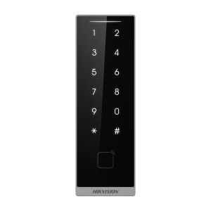 Cititor de carduri HikVision DS-K1105EMKB M1 (13.56 MHz) si EM (125 kHz) cu tastatura, buzzer, RS-485, OSDP, Wiegand W26/W34, alimentare 12 VDC, montare pe perete, IP66, dimensiuni 139x46x21.2mm