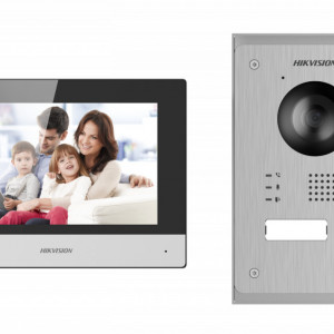 Kit interfonie video IP 2-wire HikVision DS-KIS703-P, post interior ecran tactil 7 inch, Wi-Fi, Hik-Connect, post exterior 2MP, protectie IP65, panou otel inoxidabil, control 2 yale, alimentare 12V lock, configurare rapida