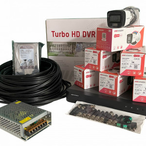 Kit supraveghere complet Hikvision 6CAM2MPHE, 6 camere 2MP cu tehnologie Smart Hybrid Light, microfon incorporat, iluminare IR 20-40m, design optimizat pentru exterior, include DVR si accesorii instalare, solutie profesionala pentru monitorizare perimetra