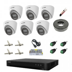 Kit supraveghere complet Hikvision 6CAM2MPHI2, 6 camere 2MP cu tehnologie Smart Hybrid Light, microfon incorporat, iluminare IR 20-40m, utilizare interior/exterior, include DVR si accesorii instalare
