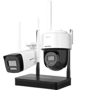Kit supraveghere video WiFi HikVision DS-J142I/NKS424W03H 4MP NVR 4 canale, 2 camere (bullet si dome PT), IR 30m, stocare card SD, audio bidirectional, H.265, IP66, solutie completa wireless