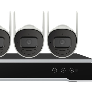Kit supraveghere Wi-Fi HikVision bullet 2MP NK842W0H(E), contine NVR Wi-Fi 4 canale, 4 camere bullet Wi-Fi 2MP H.265+, cablu retea, conexiune automata Wi-Fi, Hik-Connect cloud app, control la distanta