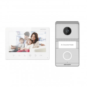 Kit videointerfon analogic 2-Wire Hikvision DS-KIS101-P/Surface, montaj aparent, Plug and Play, protectie IP65 si IK07, 2 relee pentru yala, apelare One-touch, include alimentator European, carcasa rezistenta