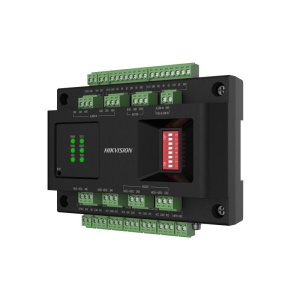 Modul extensie control 2 usi Hikvision DS-K2M002X, comunicare RS-485 (OSDP) sau Wiegand, montaj pe sina DIN, suporta incarcare baterie backup, indicatori LED status alimentare/comunicare/usa, gestionare securizata