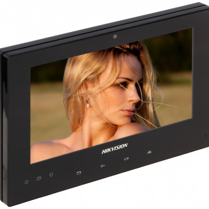 Monitor videointerfon interior HikVision DS-KH8340-TCE2, ecran color TFT LCD 7 inch, rezolutie 1024 x 600, tehnologie 2 fire, montaj aparent, iesire alarma, compresie H.264, alimentare 24VDC, design modern si slim