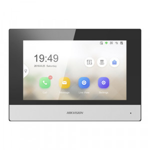 Monitor videointerfon IP Hikvision 2-wire 7 inch DS-KH6320Y-WTE2, ecran tactil IPS rezolutie 1024x600, conexiune Wi-Fi, control Hik-Connect, vizualizare camere live, suport mesaje vocale, control lift, montaj aparent