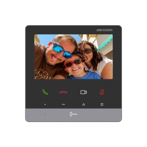 Post interior videointerfon IP Hikvision DS-KH6100-E1, ecran color 4.3 inch, alimentare PoE standard, 4 butoane tactile configurabile, vizualizare camere si post exterior live, microfon si difuzor incorporate, design modern