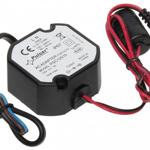 Sursa alimentare 12V 1A Pulsar PSC12010, putere 12W, eficienta 86%, protectie OLP si SCP, montaj in doza/carcasa, grad de protectie IP67, cablu cu mufa JACK 5.5/2.1mm, carcasa plastic turnata cu rasina