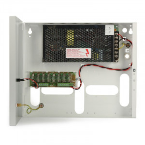 Sursa de alimentare in comutatie Pulsar PSDC08128T, 12V 8A cu 8 iesiri protejate de 1A, eficienta 83%, carcasa metalica robusta 0.7mm, protectie la scurtcircuit si suprasarcina, ideala pentru sisteme CCTV si control acces
