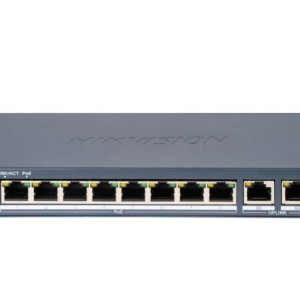 Switch de retea Hikvision DS-3E0310P-E/M(B), unmanaged, 8×10/100 Mbps PoE + 2×Gigabit RJ45, PoE IEEE 802.3at/af max 80 W, protectie la supratensiune 6 kV, transmisie pana la 300 m, store-and-forward, wire-speed, carcasa metalica, ventilator-free, standard