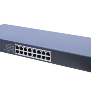 Switch Hikvision DS‑3E0516‑E(C), 16 porturi Gigabit RJ45 10/100/1000 Mbps, instalare plug‑and‑play, montaj rack, carcasa metalica robusta, design elegant pentru retea LAN eficienta