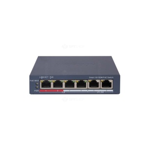 Switch Hikvision DS‑3E1106P‑EI Smart Managed, 4 porturi PoE 10/100 Mbps, 2 porturi RJ45 10/100 Mbps, buget PoE 60W, suport VLAN 802.1Q, PoE watchdog, STP/RSTP, detectie cablu, protectie 6KV
