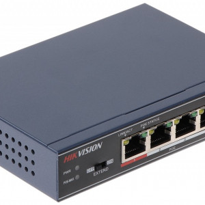 Switch PoE unmanaged HikVision DS-3E0105P-E, 4 porturi Fast Ethernet PoE, 1 port Uplink, transmisie pana la 300m, functia VIP port, protectie supratensiune 6KV, Intelligent PoE Management, carcasa metalica