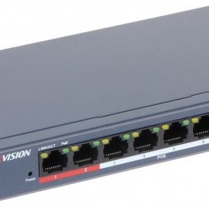Switch PoE unmanaged HikVision DS-3E0109P-E/M(B), 8 porturi Fast Ethernet PoE, 1 port Uplink, transmisie pana la 300m, functia VIP port, protectie supratensiune 6KV, Intelligent PoE Management, carcasa metalica