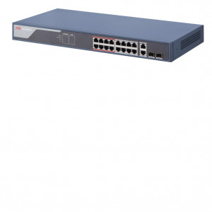 Switch Smart Managed HikVision 16 porturi DS-3E1318P-SI, Fast Ethernet PoE, 2 porturi Gigabit Combo, management topologie retea, protectie 6KV, mod Extend 300m, monitorizare stare sistem, push alarme, 802.3af/at