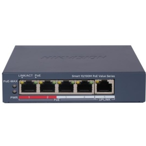 Switch Smart Managed PoE HikVision 5 porturi DS-3E1105P-EI/M(V2) 4 porturi Fast Ethernet PoE, 1 port Uplink, buget putere 45W, PoE Watchdog, transmisie Long Range 300m, protectie supratensiune 6KV, management VLAN, STP/RSTP