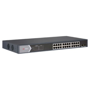 Switch Smart Managed PoE Hikvision DS-3E1326P-EI/M, 24 porturi Fast Ethernet, 1 port Gigabit RJ45, 1 port Gigabit Combo, buget total 230W, PoE Watchdog, transmisie pana la 300m, protectie 6kV, suport VLAN si STP/RSTP
