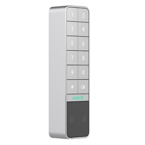 Tastatura wireless de exterior Ajax KeyPad Outdoor Jeweller (White), cititor Card/Tag, Bluetooth, cod dures, protectie IP66 si IK08, raza 1700m, autonomie 3 ani, alimentare auxiliara 12V, butoane tactile iluminate