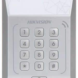 Terminal control acces cu card HikVision DS-K1T801E, mod functionare Standalone, capacitate 3000 carduri, autentificare card si parola, retinere date la pana de curent, tastatura integrata, design compact, securitate acces