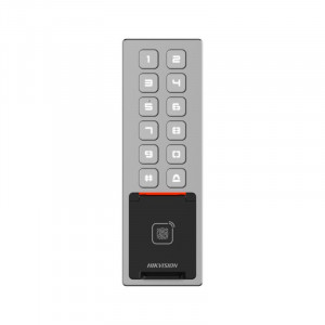 Terminal control acces IP Hikvision DS-K1T805MBFWX, amprenta, card M1, Bluetooth si PIN, protectie IP65 si IK08, carcasa metalica slim, capacitate 3.000 amprente, 10.000 carduri, Wi-Fi, configurare web si mobil Hik-Connect