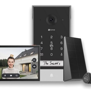 Videointerfon wireless EZVIZ EP7 2K cu monitor touch 7 inch, rezolutie 1024x600, camera 2048x1296, unghi vizualizare 162°, stocare MicroSD 512GB, intercom, audio bidirectional, rezistent la apa, control usi/porti, panou solar inclus, negru lucios