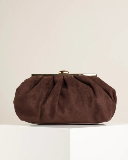 Ženska braon clutch torbica od eko velura sa zlatnim detaljima, slika 3