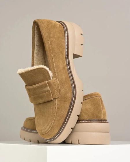 Kožne ženske mokasine postavljene teddy krznom, braon boja, slika 6