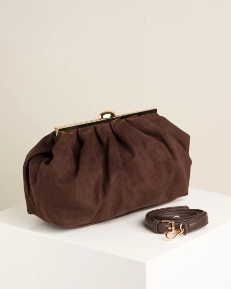 Ženska braon clutch torbica od eko velura sa zlatnim detaljima, slika 2
