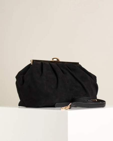 Ženska crna clutch torbica od eko velura sa zlatnim detaljima, slika 4