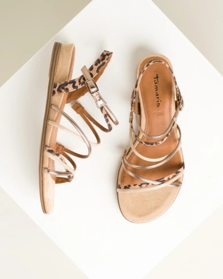 Bež boje ženske ravne sandale sa kaišićima i leopard printom, slika 12