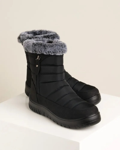 Ženske crne poluduboke ravne čizme sa veštačkim krznom, slika 4