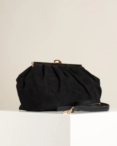 Ženska crna clutch torbica od eko velura sa zlatnim detaljima, slika 4