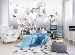 Heart shape water drop with flowers wall mural -10163 - Img 3