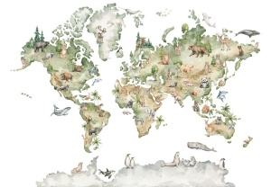 World Map Animals Kids Watercolors wall mural - 14188