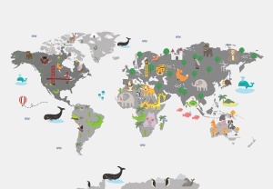 World Map with animals wall mural - 13814