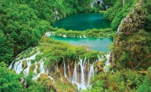 Forest lake with waterfalls, nature wallpaper - 3601