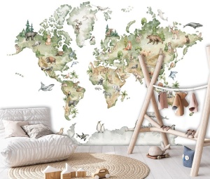 World Map Animals Kids Watercolors wall mural - 14188 - Img 2