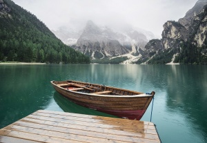 Boat on the background of the lake and mountains Wall Mural - 14585 - Img 1