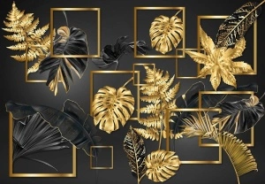 Abstract geometric black and gold leaves wall mural - 14130