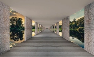 Hallway above waters, green accents mural - 13660