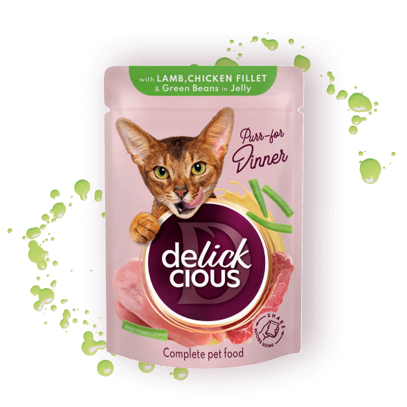 Delickcious Cat - Bucăți de Miel, Pui și Fasole Verde în Aspic - 85g