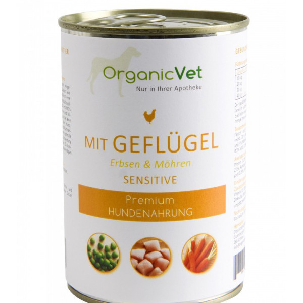OrganicVet Sensitive - Pasari de curte, mazare si morcov - 400g