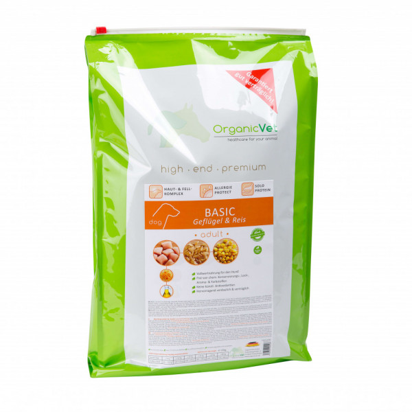 Hrana uscata super-premium OrganicVet Canine Basic - Pasari de Curte si Orez - 10kg
