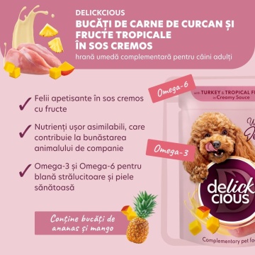 Delickcious Dog - Fulgi de Curcan & Fructe Tropicale in Sos Cremos - 80g - Img 4