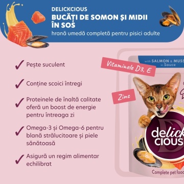 Delickcious Cat - Felii de Somon & Midii in Sos - 85g - Img 3