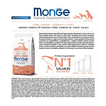 Monge Natural Superpremium Monoprotein Puppy & Junior All Breeds - Somon si Orez - 12kg - Img 2
