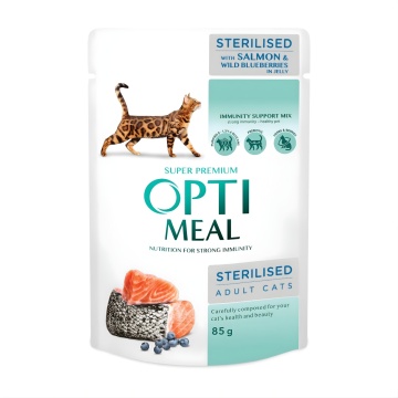 Optimeal Cat Sterilised - Hrana umeda super-premium - Somon si Afine - 85g